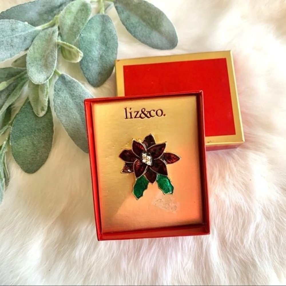 Liz & Co Christmas Poinsettia Brooch Pin Holiday Stocking Stuffer Gift